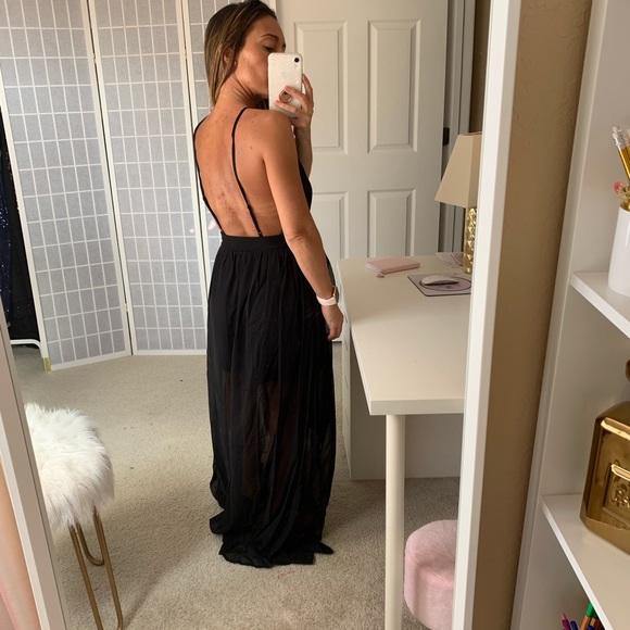 Black Sleeveless Sexy Slit Lace Formal Maxi Dress - Picture 8 of 8